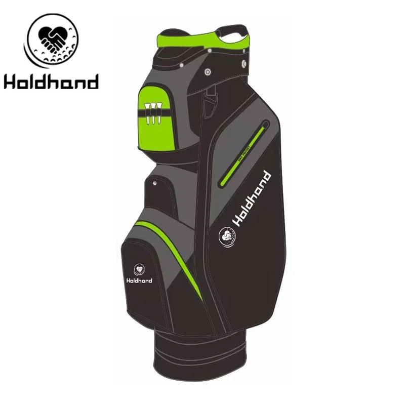 Bossa de golf compacta innovadora amb organització del club de 15-nivells, nínxol de putter exclusiu, matriu de butxaca adaptable, secció de refrigeració de begudes, arnès ajustable i protector de pluja de resposta ràpida: universal.