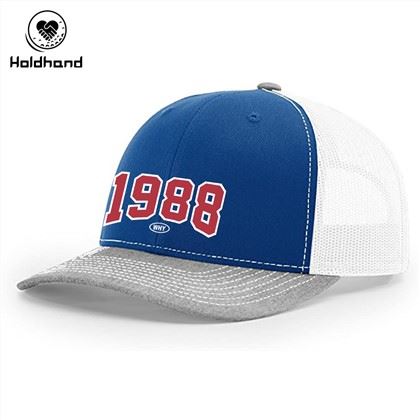 Gorra de camioner de color blau Gorra de beisbol de malla Snapback ajustable Disseny de patró de lletra en anglès personalitzat